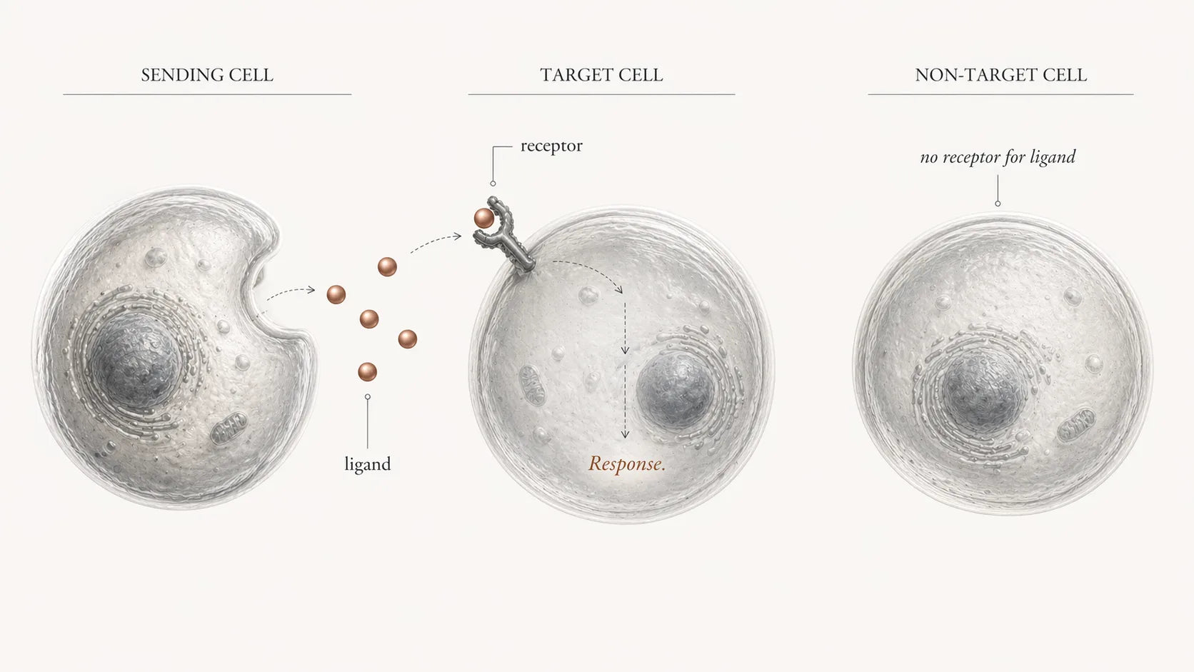 Schematic diagram of cell-to-cell signalling with ligand, receptor, and intracellular transduction pathway.