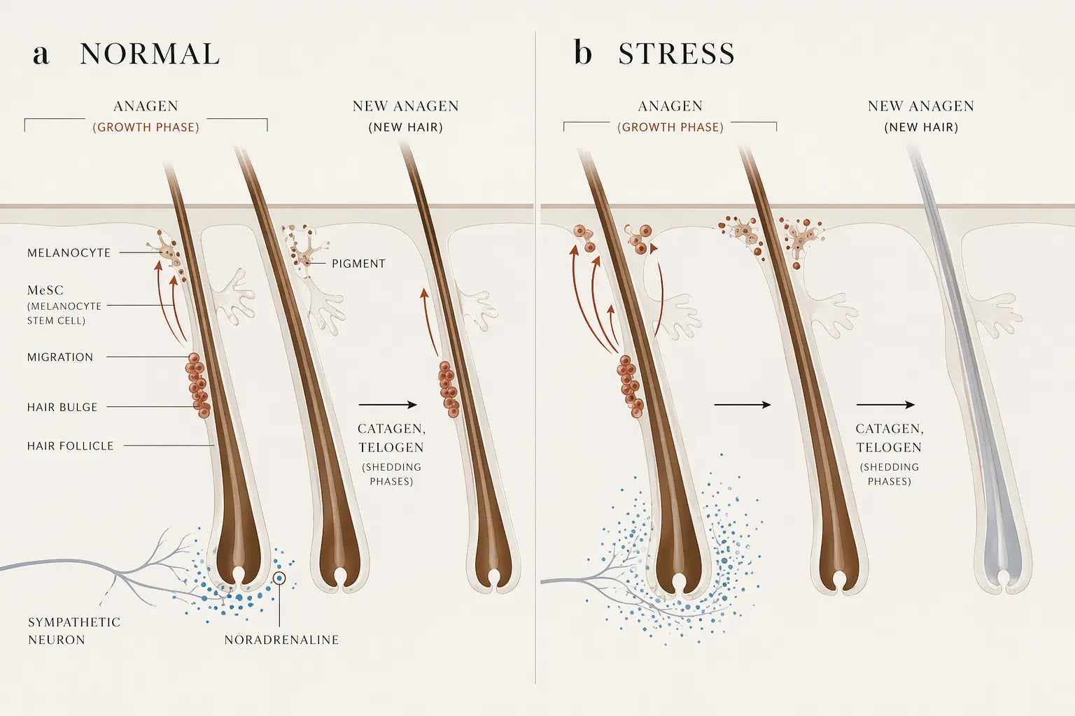 Diagram of the hair bulge niche with sympathetic nerve fibres contacting melanocyte stem cells.